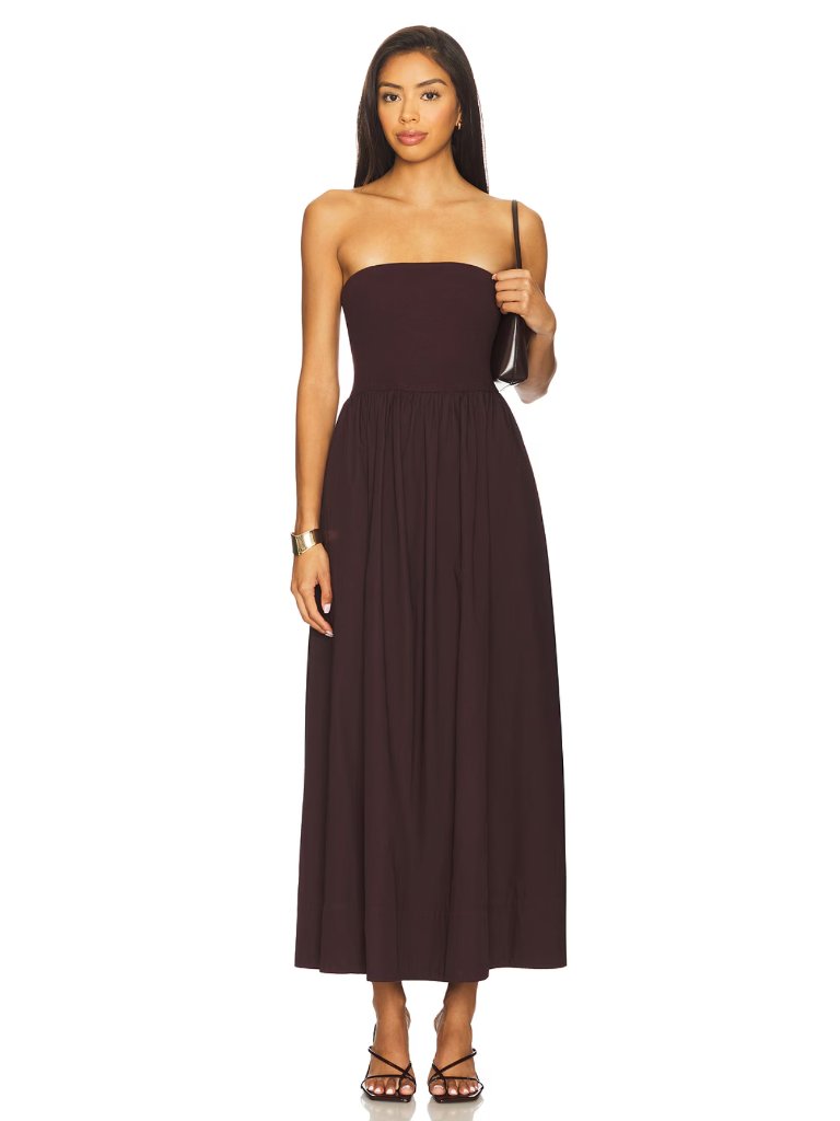 Enza Costa Cotton Resort Strapless Dress Dark Cherry Brown Sundress Midi Maxi